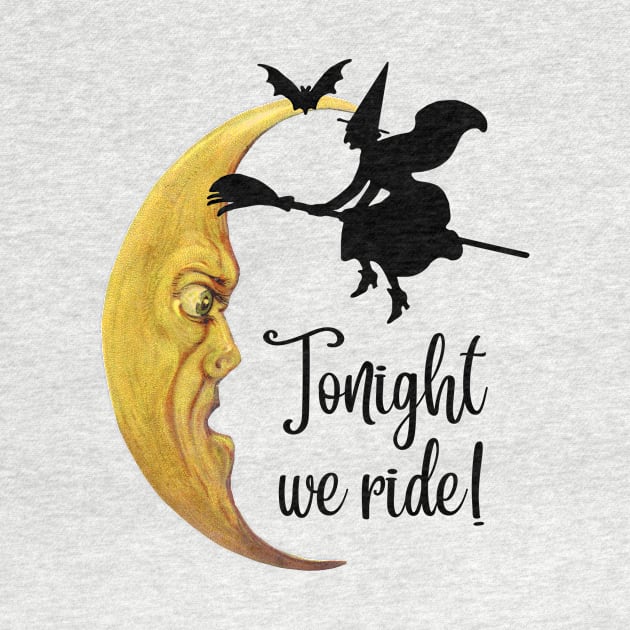 Halloween Witch on Broomstick with Bat Flying over the Crescent Moon "Tonight we ride" by RedThorThreads